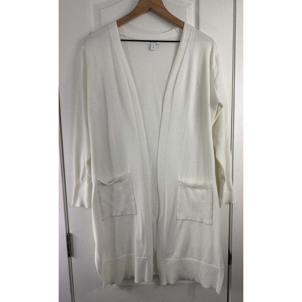 Nine West Cardigan Sweater Womens S Off White Open Front Long Pocket Knit